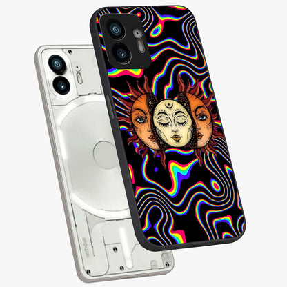 Psychedelic Sun Glass Case displayed in angled mockup highlighting vibrant abstract sun design with artistic aesthetic style.