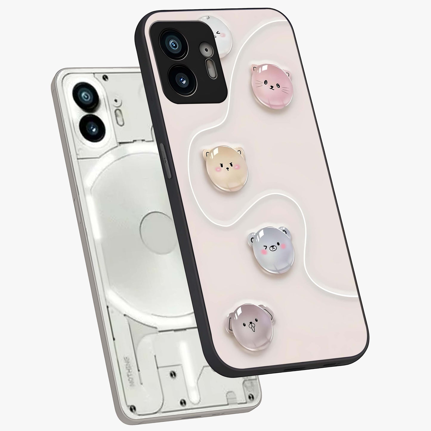 Puffy Face Parade Glass Case displayed in angled mockup highlighting playful cartoon face design with fun aesthetic.