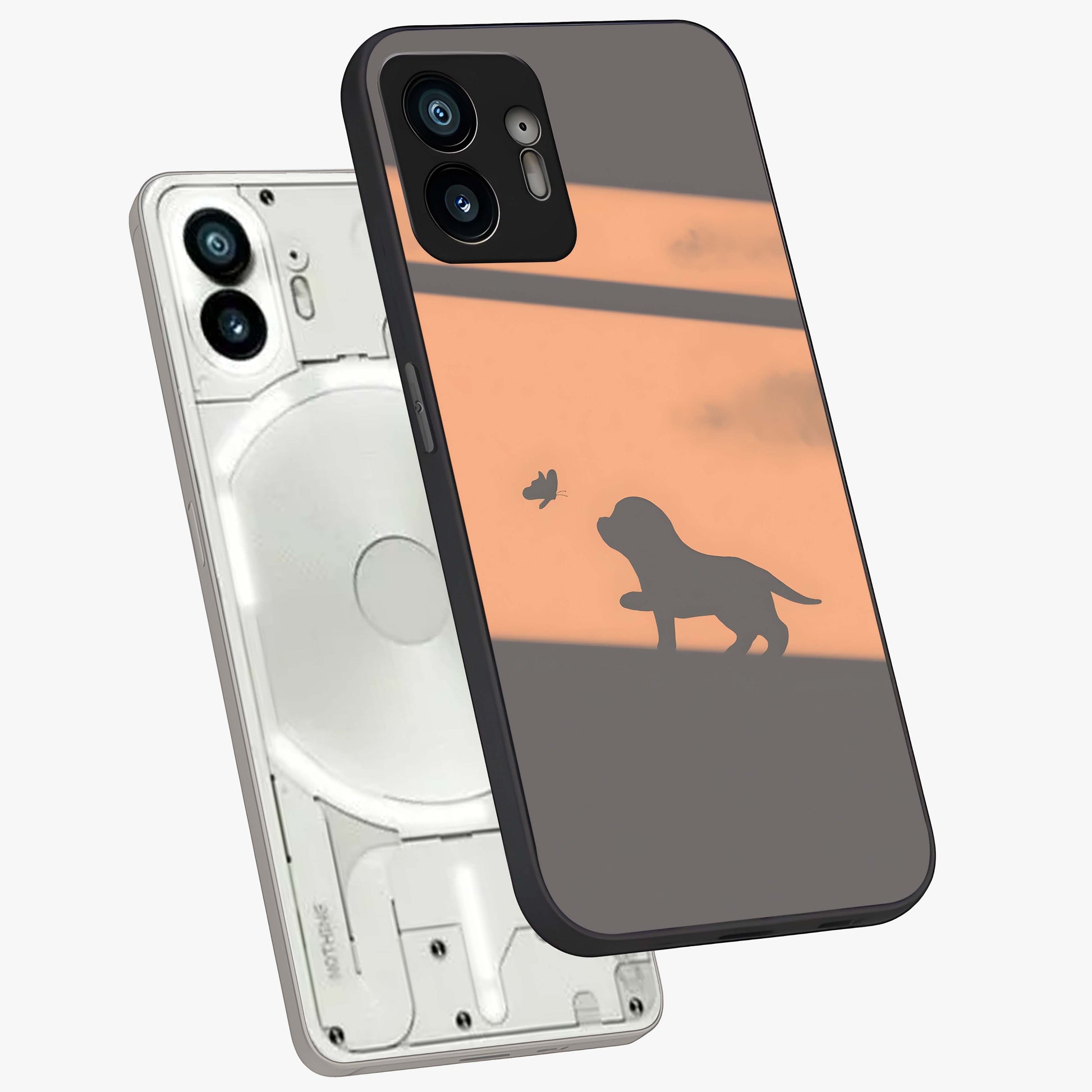 Puppy Shadow Art Glass Case displayed in angled mockup highlighting playful dog illustration with artistic shadow aesthetic.