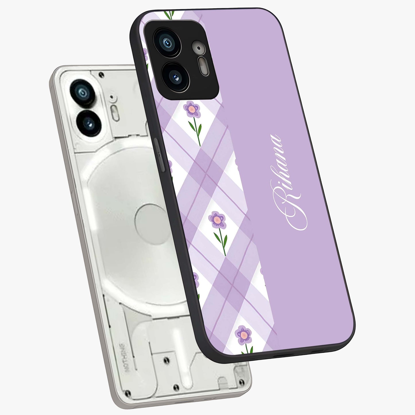 Purple Diamond Floral Glass Case displayed in angled mockup highlighting elegant purple flower design with decorative pattern.