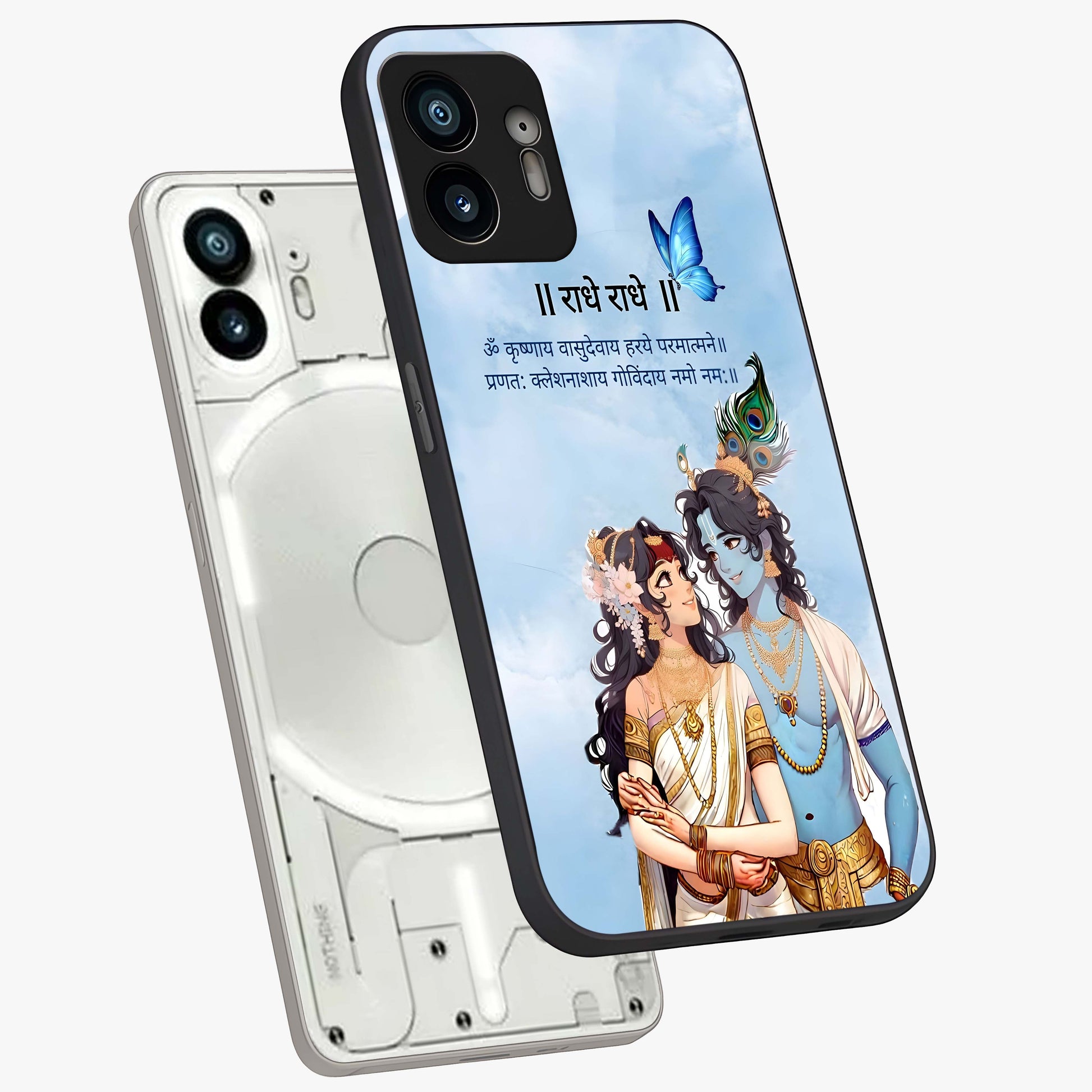 Radha Krishna Eternal Glass Case displayed in angled mockup highlighting divine Radha Krishna illustration with spiritual aesthetic.