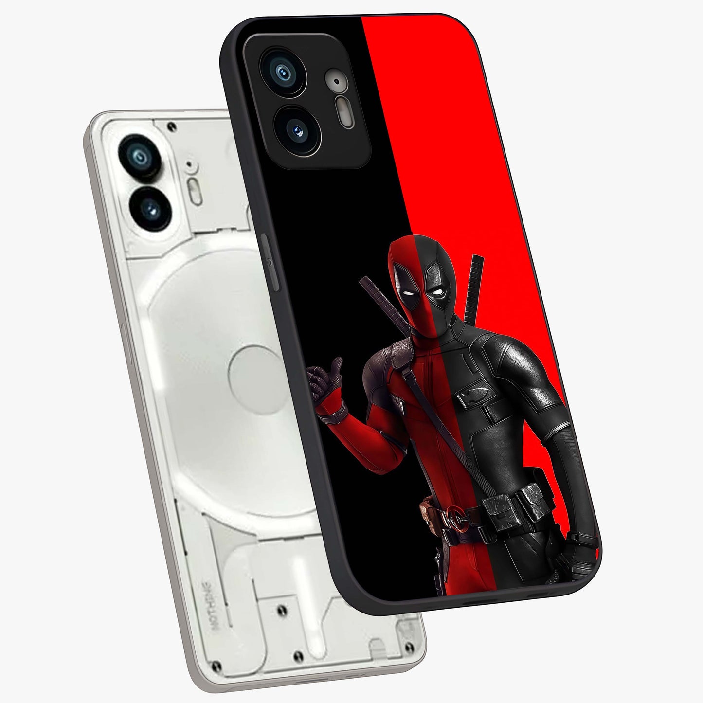 Red & Black Deadpool Theme Glass Case displayed in angled mockup highlighting vibrant superhero style illustration with action aesthetic.