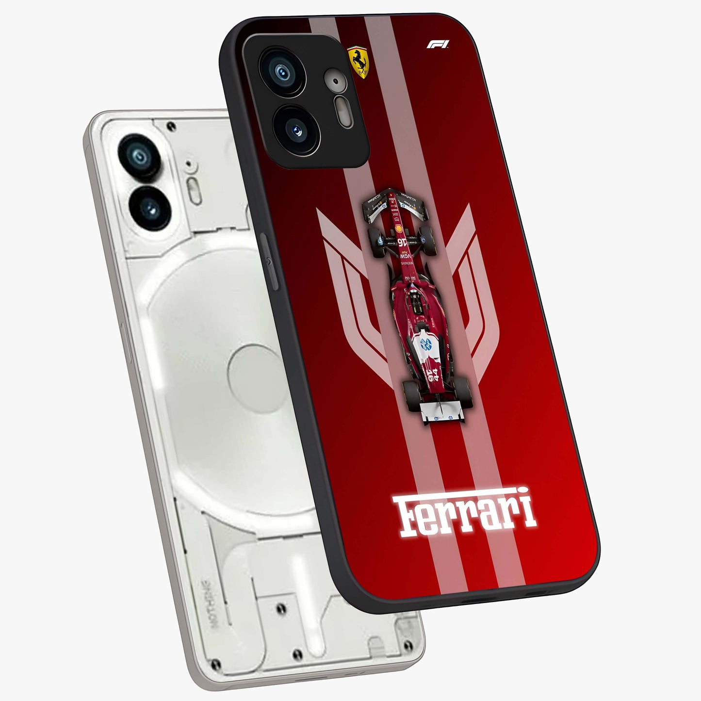 Red Ferrari F1 Vertical Glass Case displayed in angled mockup highlighting high speed racing design with bold automotive aesthetic.