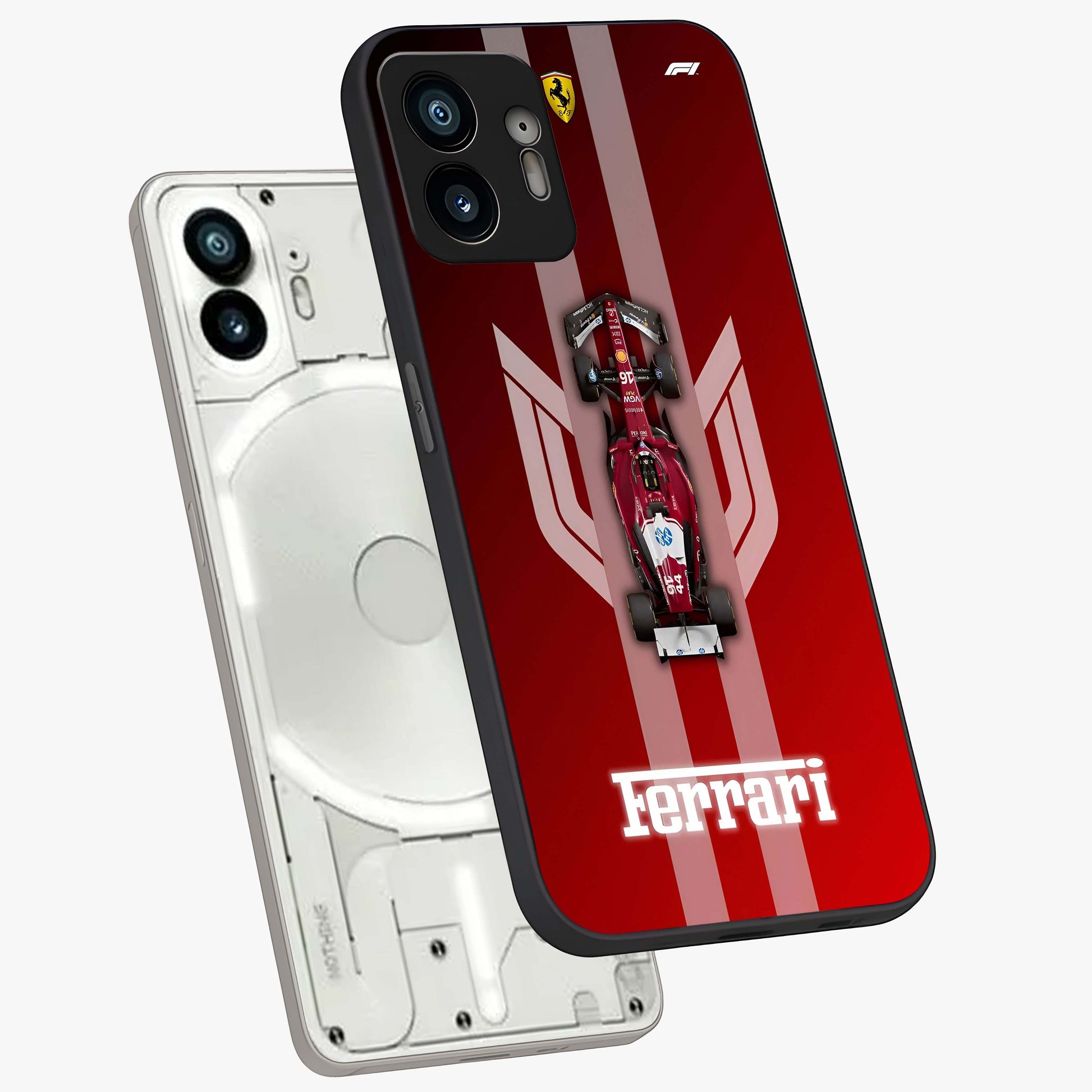Red Ferrari F1 Vertical Glass Case displayed in angled mockup highlighting high speed racing design with bold automotive aesthetic.