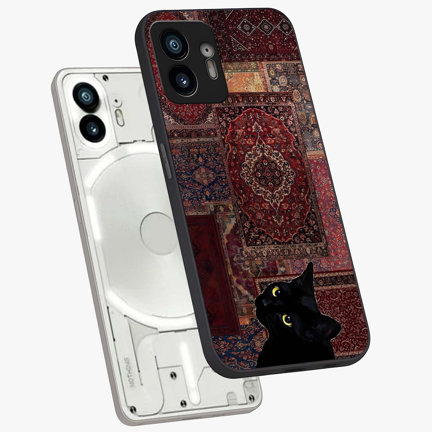 Regal Magic Cat Apple Glass Case displayed in angled mockup highlighting whimsical feline design with fantasy aesthetic.
