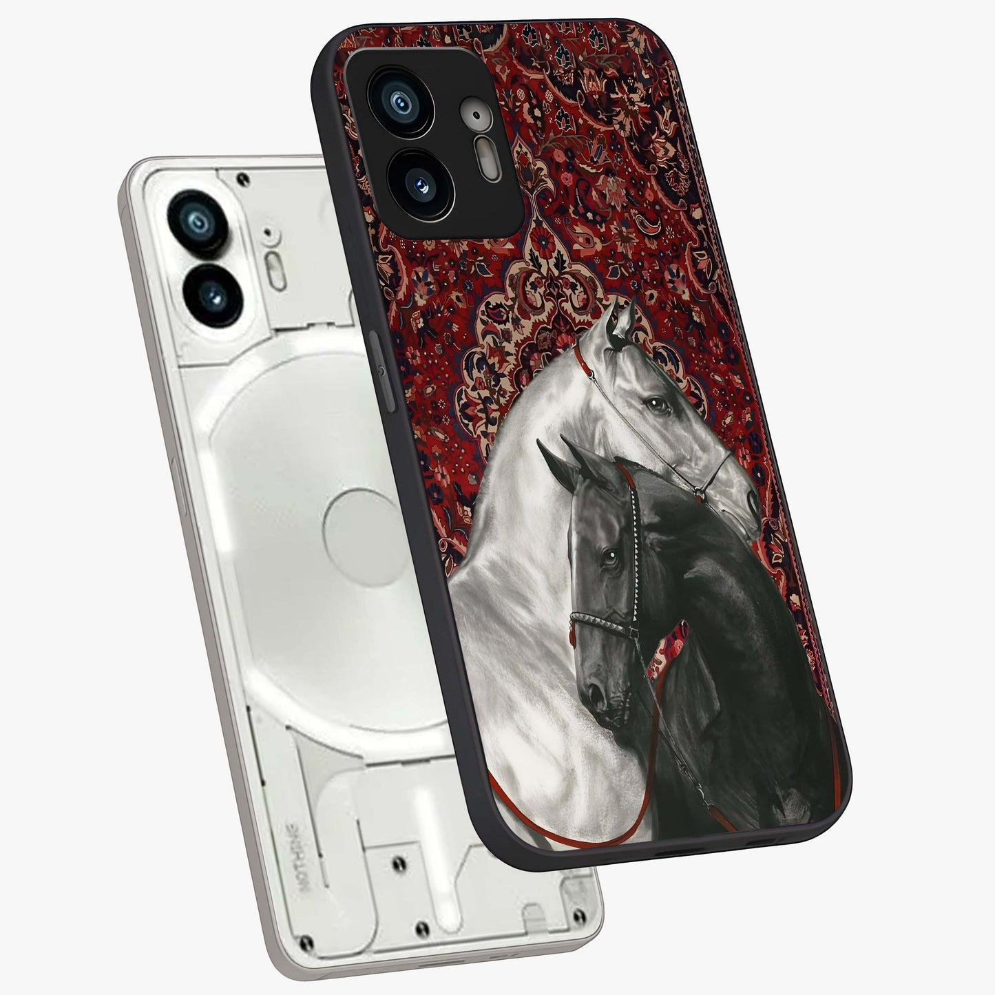 Regal Stallion Tapestry Glass Case displayed in angled mockup highlighting royal stallion design with decorative heritage aesthetic.