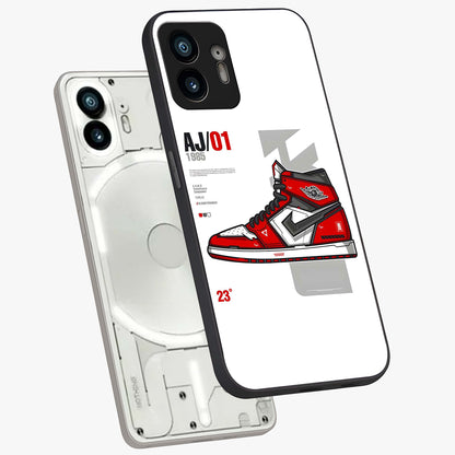 Retro Sneaker Blueprint Glass Case displayed in angled mockup highlighting detailed shoe design with sporty retro aesthetic.