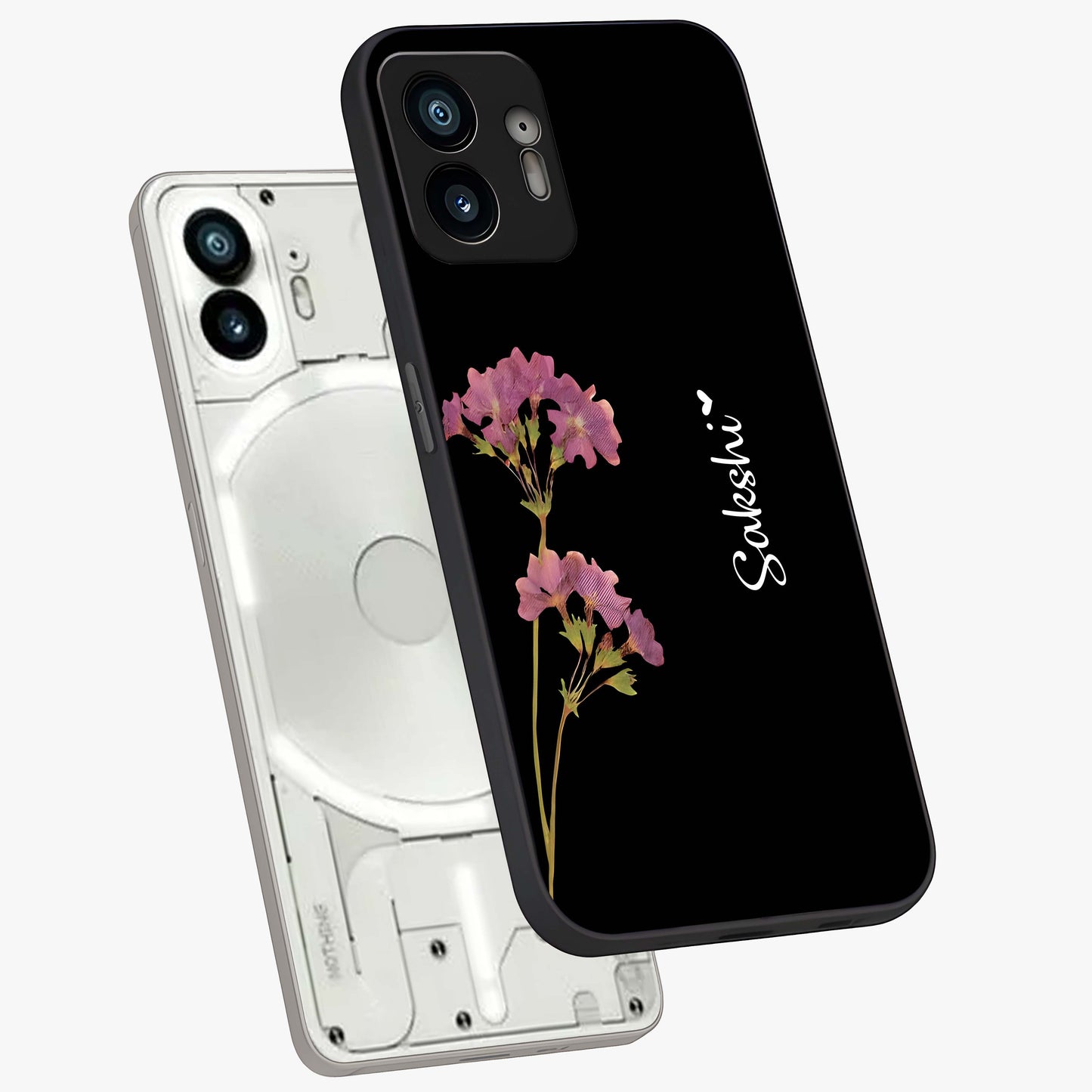 Riching Lavender Flower Custom Name Glass Case displayed in angled mockup highlighting delicate lavender flower design with custom name feature.