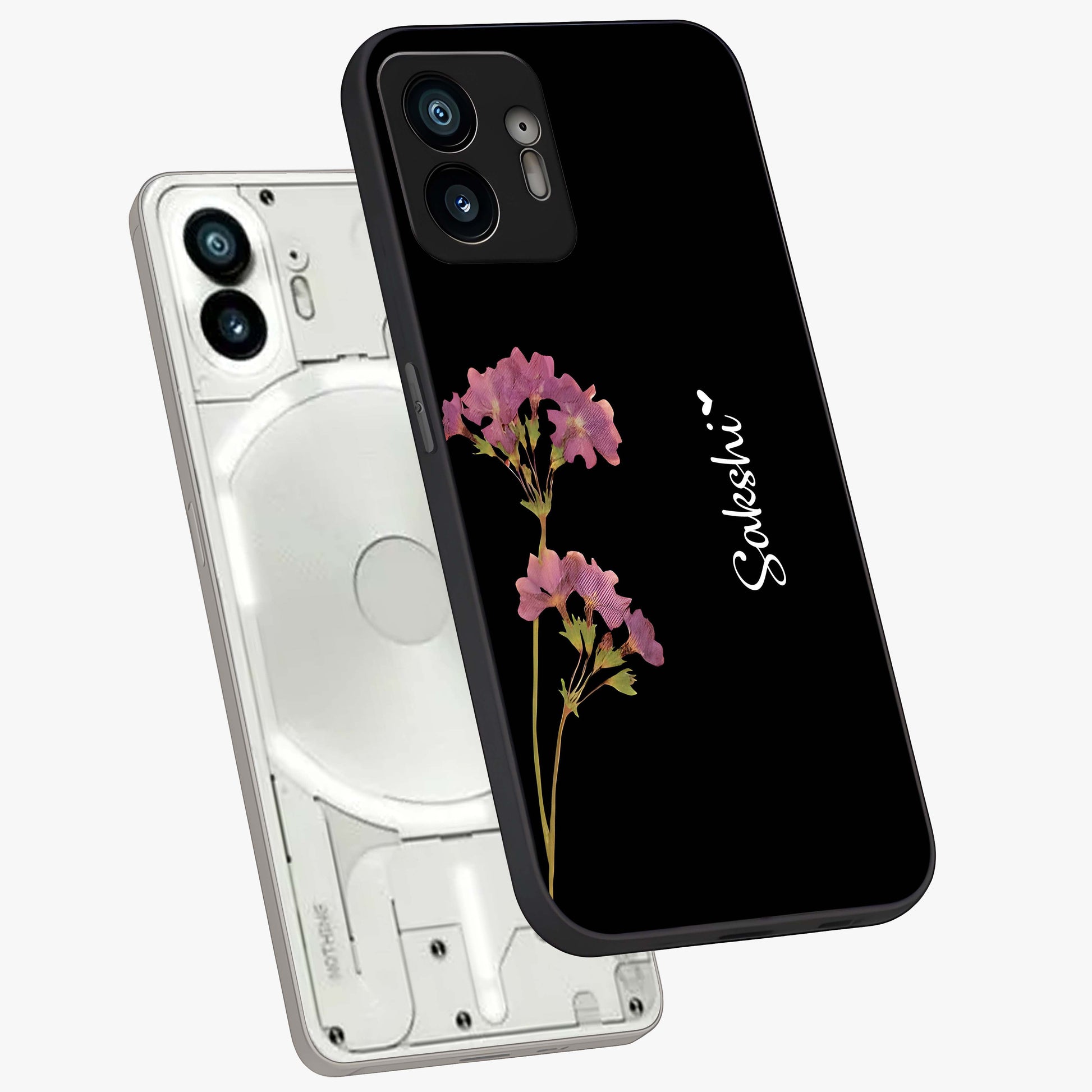Riching Lavender Flower Custom Name Glass Case displayed in angled mockup highlighting delicate lavender flower design with custom name feature.