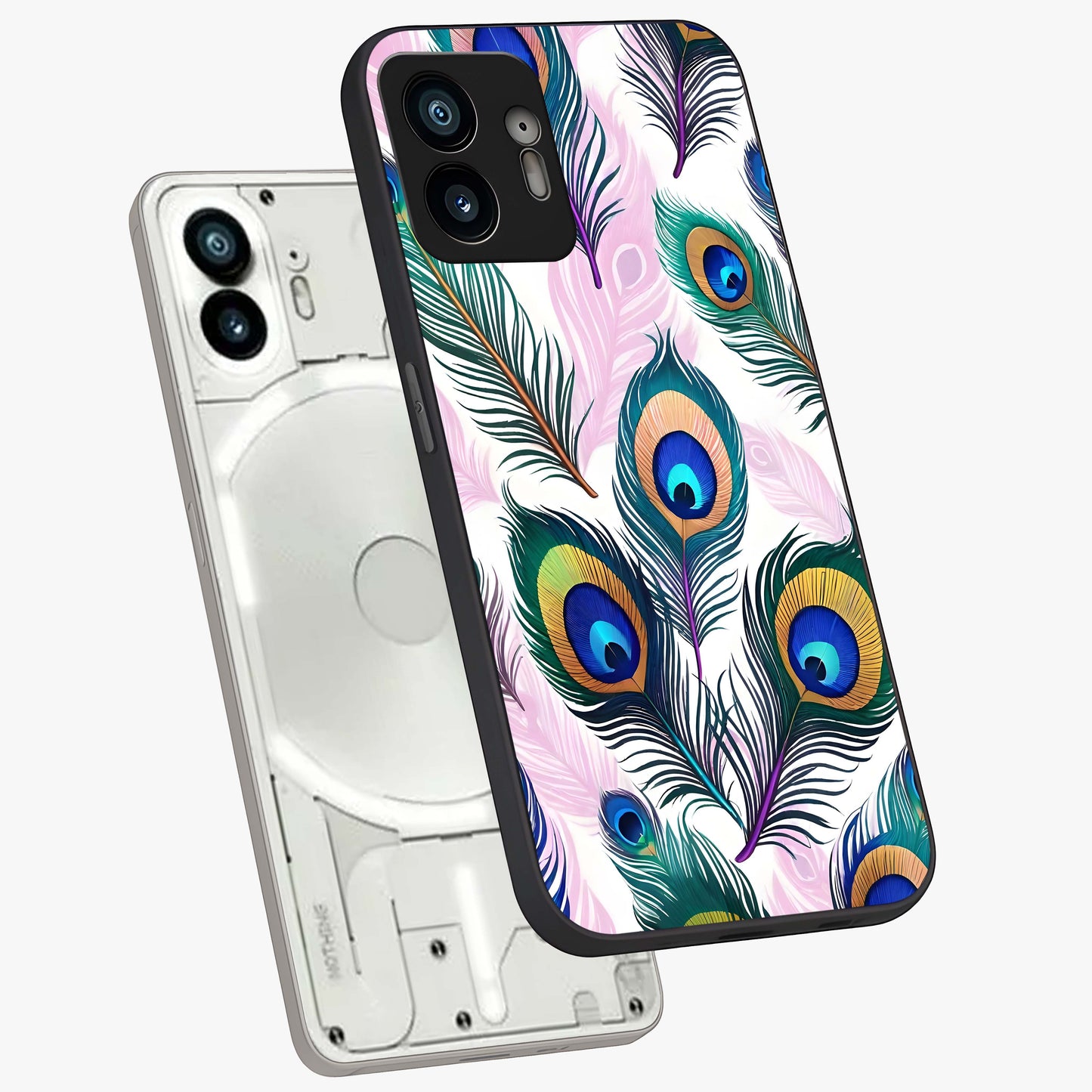 Royal Peacock Feathers Glass Case displayed in angled mockup highlighting vibrant feather pattern with regal aesthetic style.