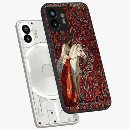 Royal Rider Tapestry Glass Case displayed in angled mockup highlighting traditional tapestry design with royal heritage aesthetic.