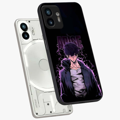 Shadow Monarch Awakening Glass Case displayed in angled mockup highlighting dramatic shadow warrior design with fantasy aesthetic.