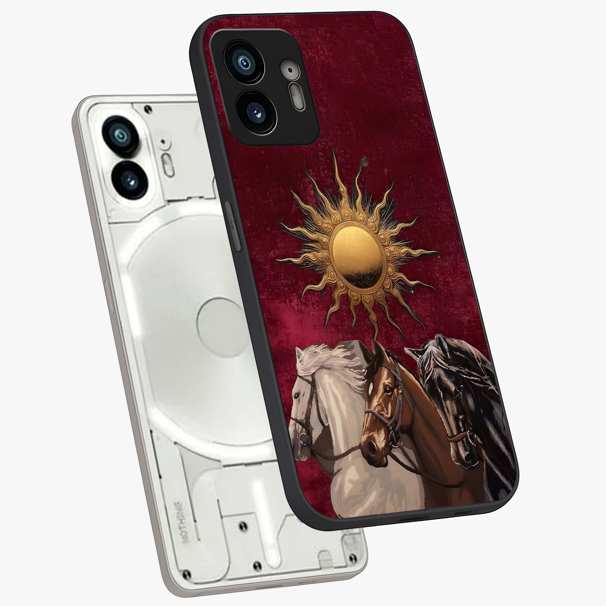 Solar Riders Glass Case displayed in angled mockup highlighting powerful rider illustration with radiant solar aesthetic.