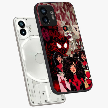 Spider Love Story Glass Case displayed in angled mockup highlighting expressive comic inspired design with playful aesthetic.