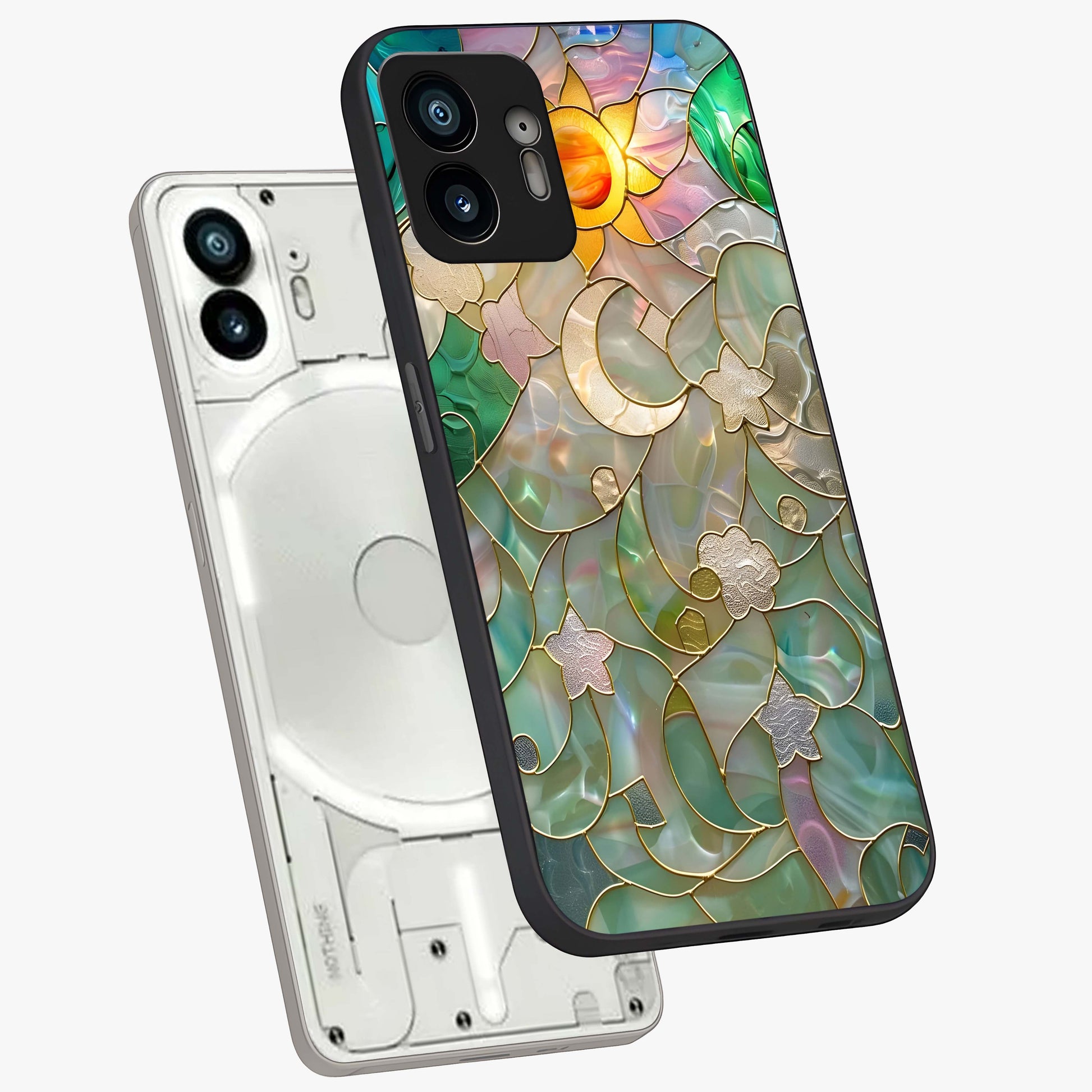 Stained Sunrise Glow Glass Case displayed in angled mockup highlighting radiant sunrise design with artistic aesthetic style.