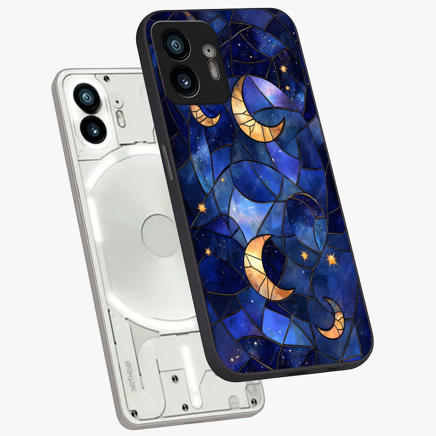 Starlit Sky Tapestry Glass Case displayed in angled mockup highlighting celestial night pattern with artistic aesthetic style.