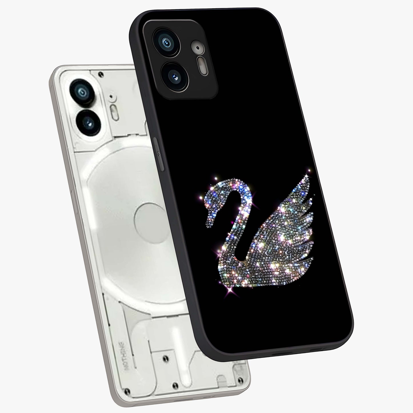 Starlit Swan Grace Glass Case displayed in angled mockup highlighting elegant swan illustration with dreamy celestial aesthetic.