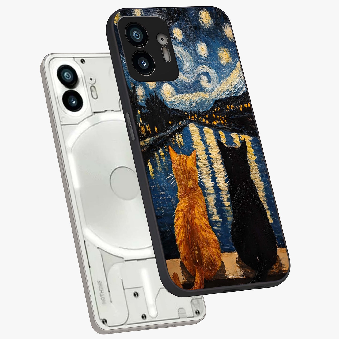 Starry River Cats Glass Case displayed in angled mockup highlighting charming feline illustration with dreamy night aesthetic.