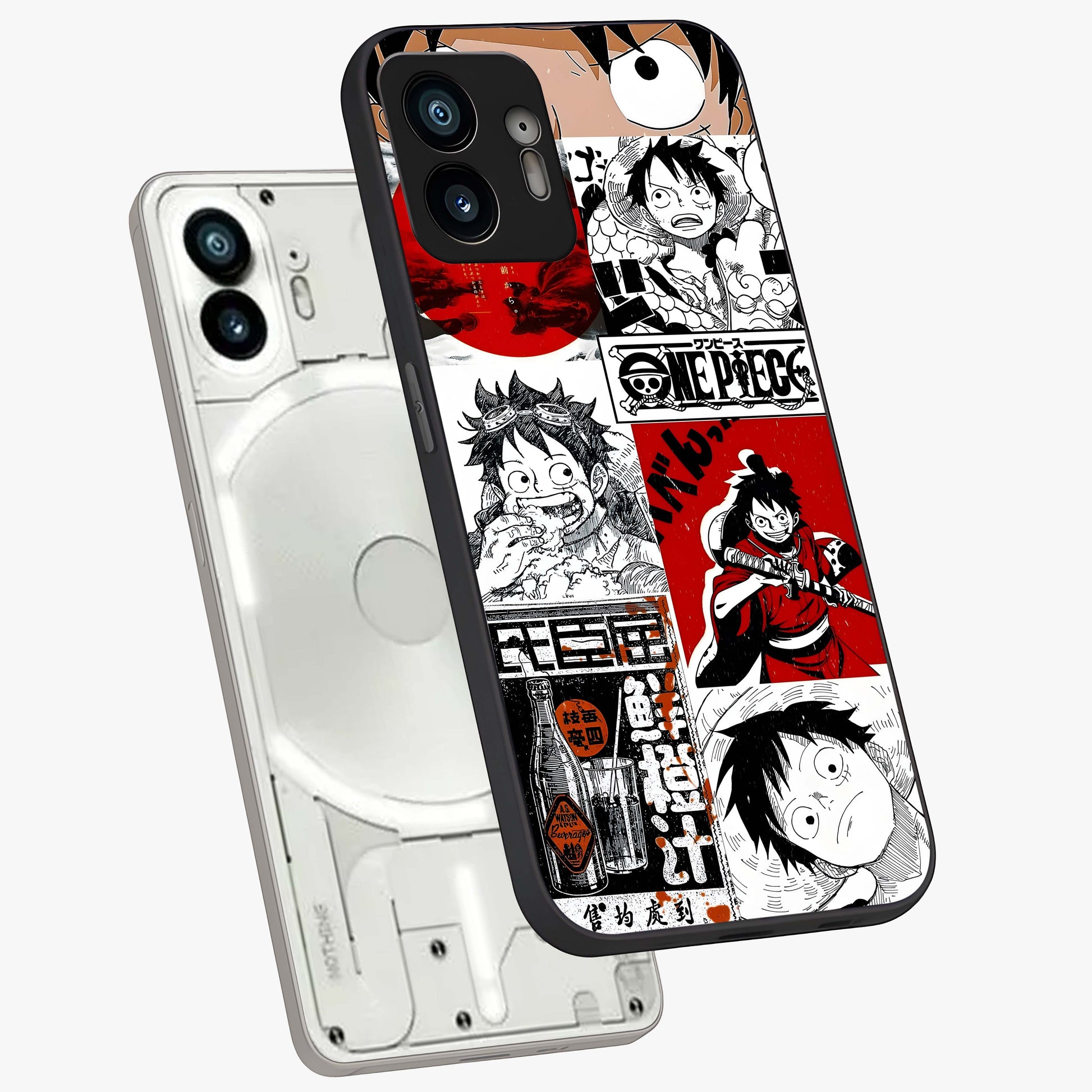 Strawhat Chaos Panels Glass Case displayed in angled mockup highlighting vibrant anime collage design with action aesthetic.