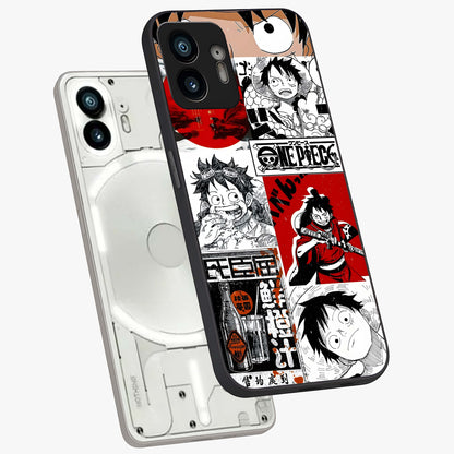 Strawhat Chaos Panels Glass Case displayed in angled mockup highlighting vibrant anime collage design with action aesthetic.