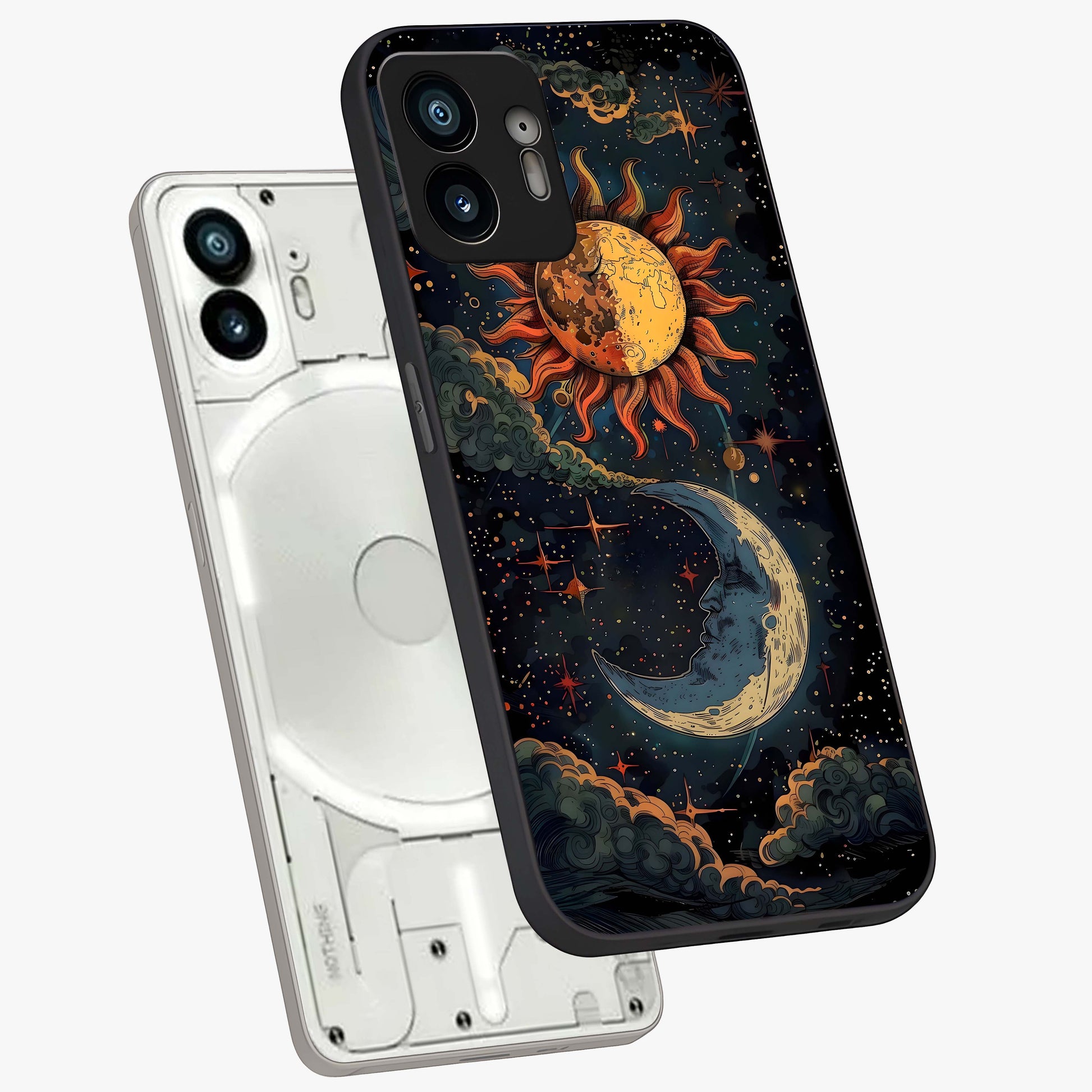 Sun And Moon Magic Design Glass Case displayed in angled mockup highlighting celestial design with magical cosmic aesthetic.