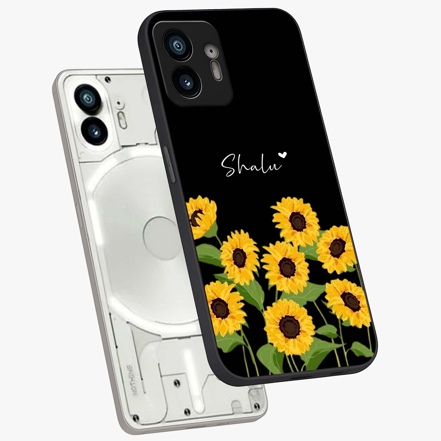 Sunflower Chic Mood Custom Name Glass Case displayed in angled mockup highlighting vibrant sunflower design with custom name feature.