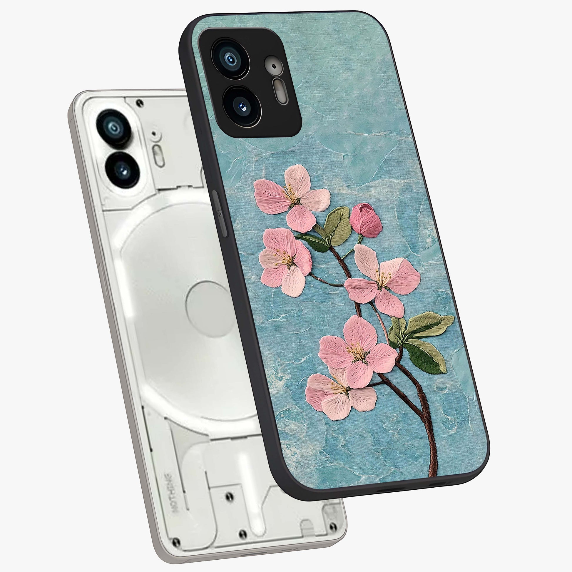 Threaded Blossom Breeze Glass Case displayed in angled mockup highlighting elegant floral design with soft aesthetic style.