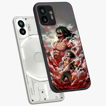 Titan Awakening Fury Glass Case displayed in angled mockup highlighting dramatic giant warrior design with bold anime aesthetic.
