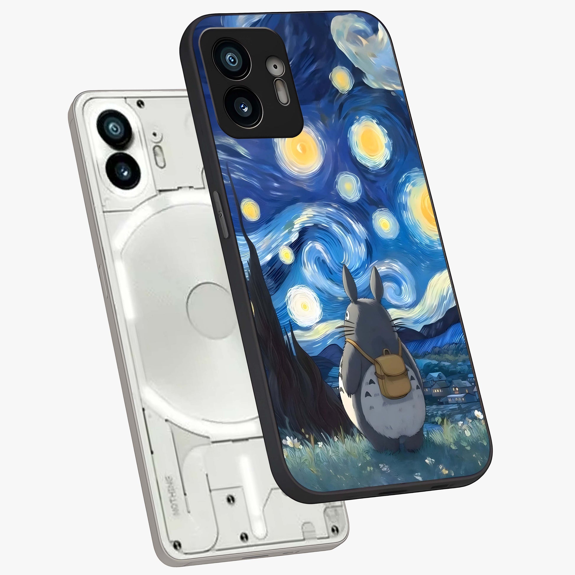 Totoro In Van Gogh Art Glass Case displayed in angled mockup highlighting artistic swirling sky design with playful animation aesthetic.