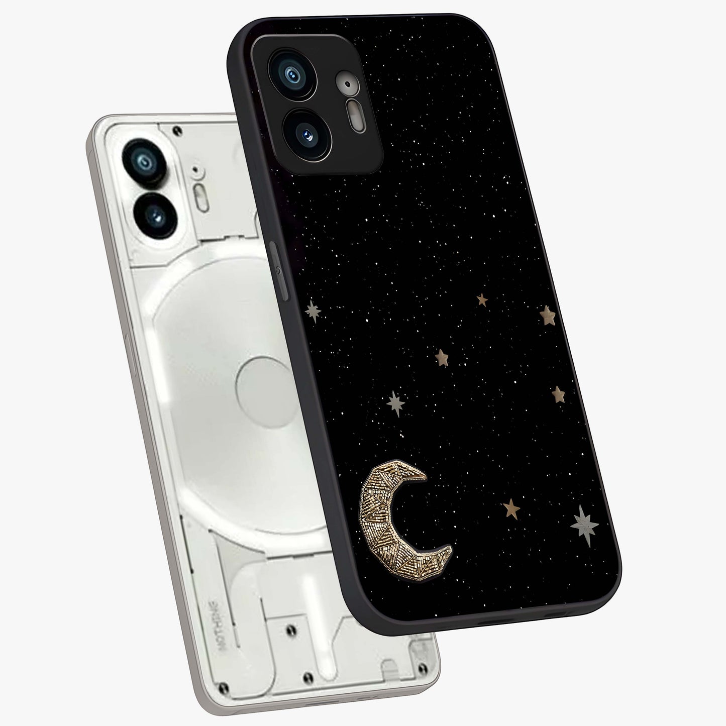 Twinkle Star With Half Moon Glass Case displayed in angled mockup highlighting celestial moon and star design with magical aesthetic.