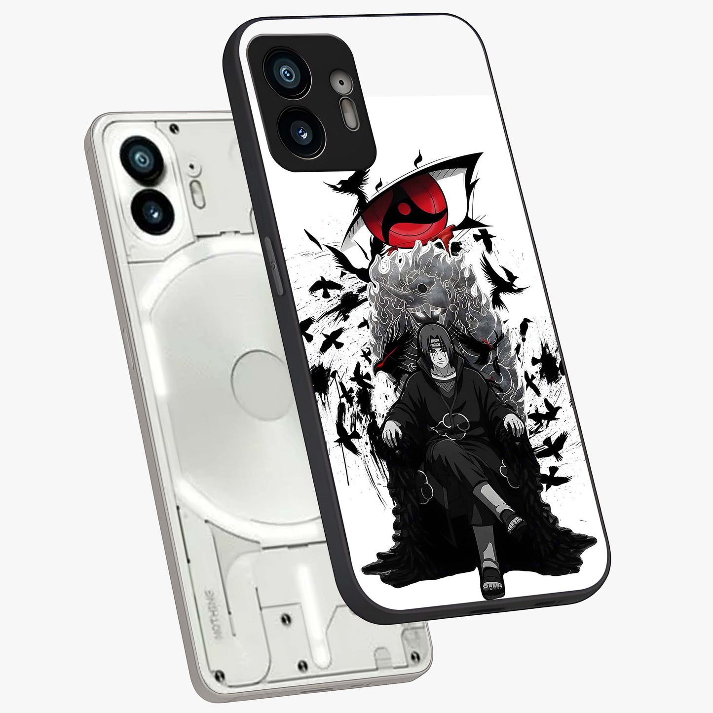Uchiha Shadow Throne Glass Case displayed in angled mockup highlighting glowing aquatic design with celestial aesthetic.