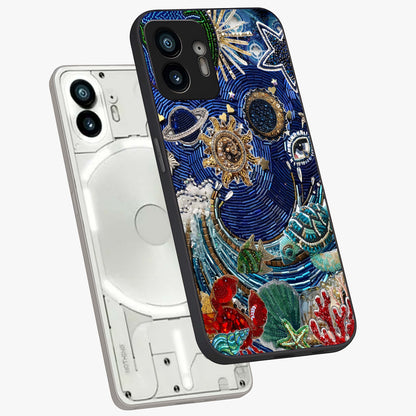 Universe Underwater Spark Glass Case displayed in angled mockup highlighting glowing aquatic design with celestial aesthetic.