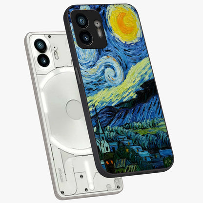 Van Gogh Art Glass Case displayed in angled mockup highlighting swirling brushstroke design with artistic aesthetic.