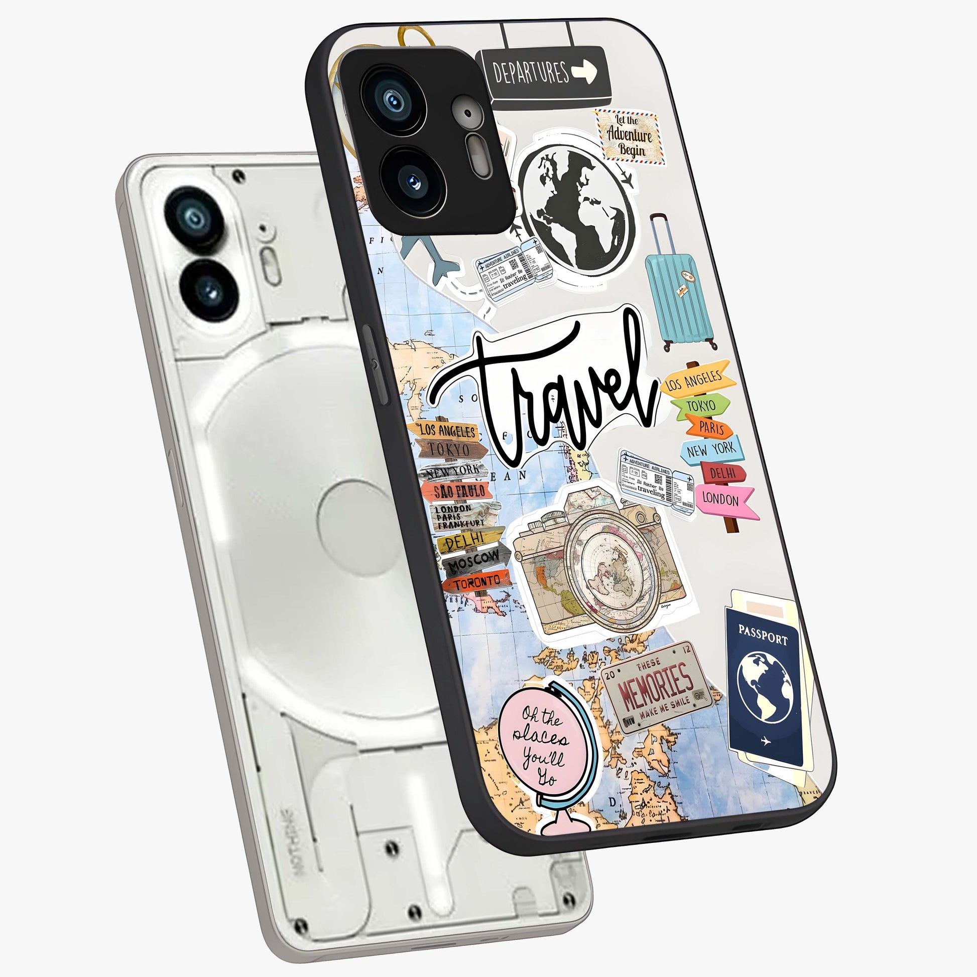 Wanderlust Journal Glass Case displayed in angled mockup highlighting adventure themed design with aesthetic travel vibe.
