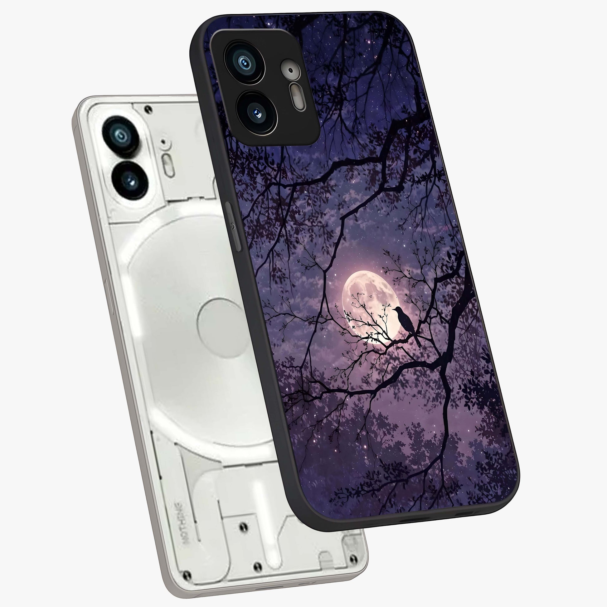 Whispering Moon Silence Glass Case displayed in angled mockup highlighting calm lunar design with dreamy night aesthetic.
