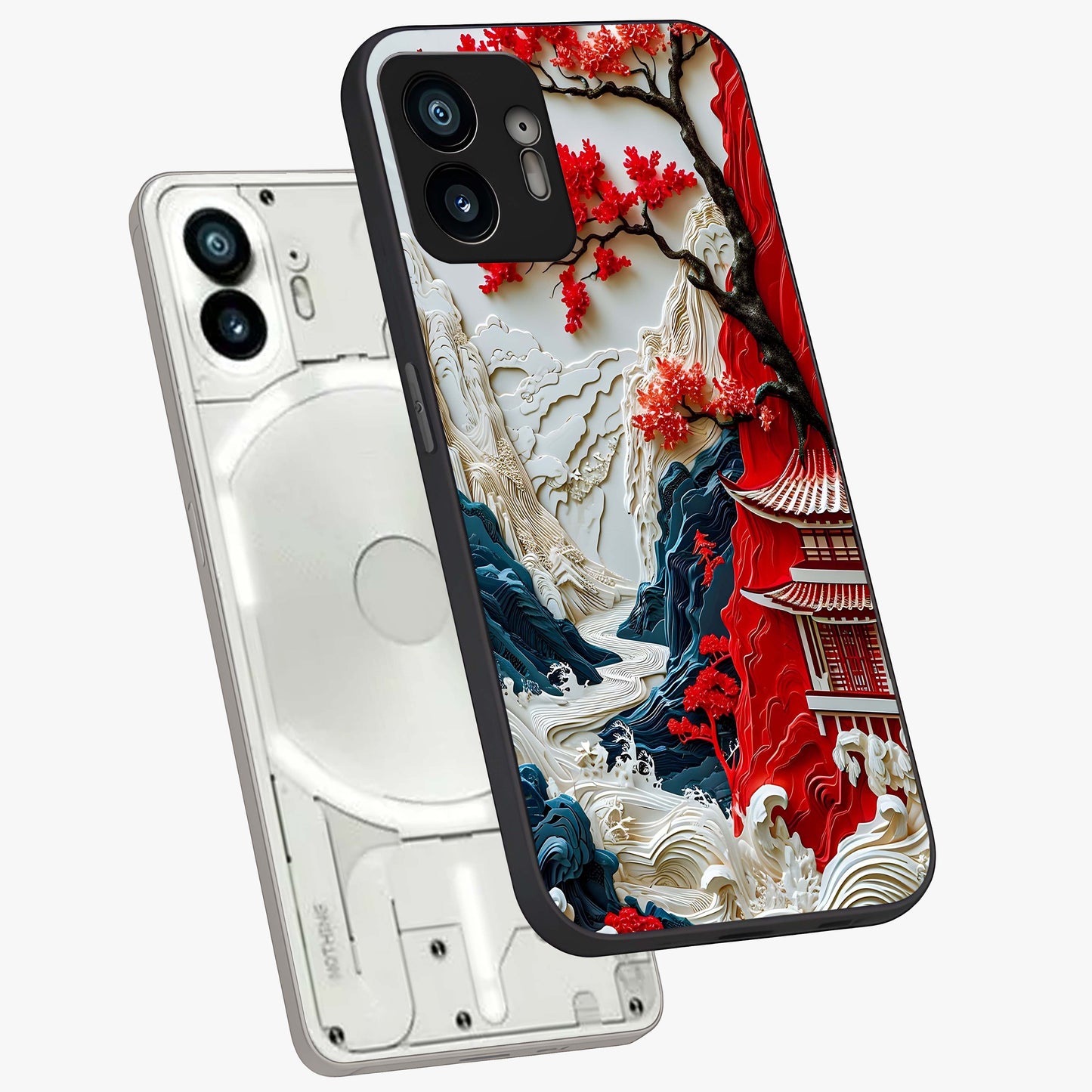 Whispers Of Sakura Waves Glass Case displayed in angled mockup highlighting flowing sakura design with soft floral aesthetic.