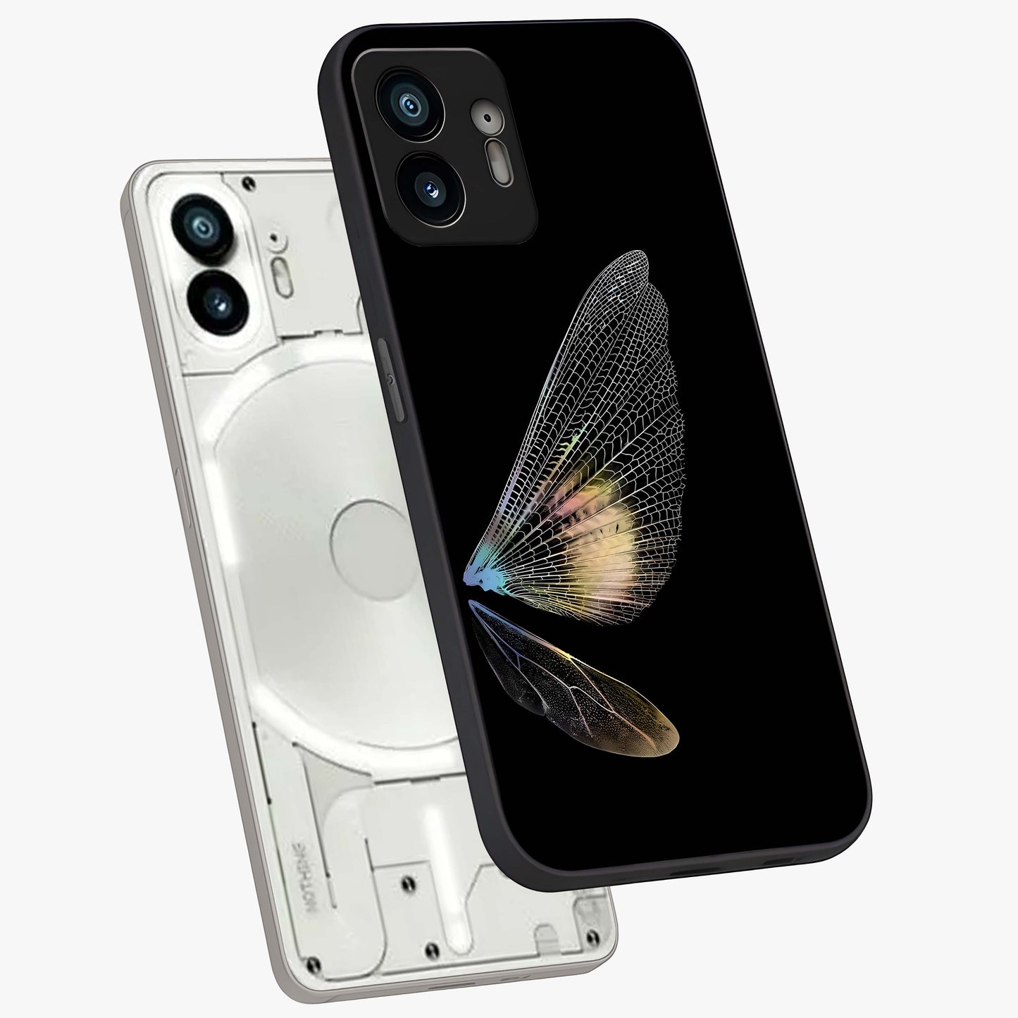 Whispers Of Wings Glass Case displayed in angled mockup highlighting soft feather design with celestial aesthetic style.