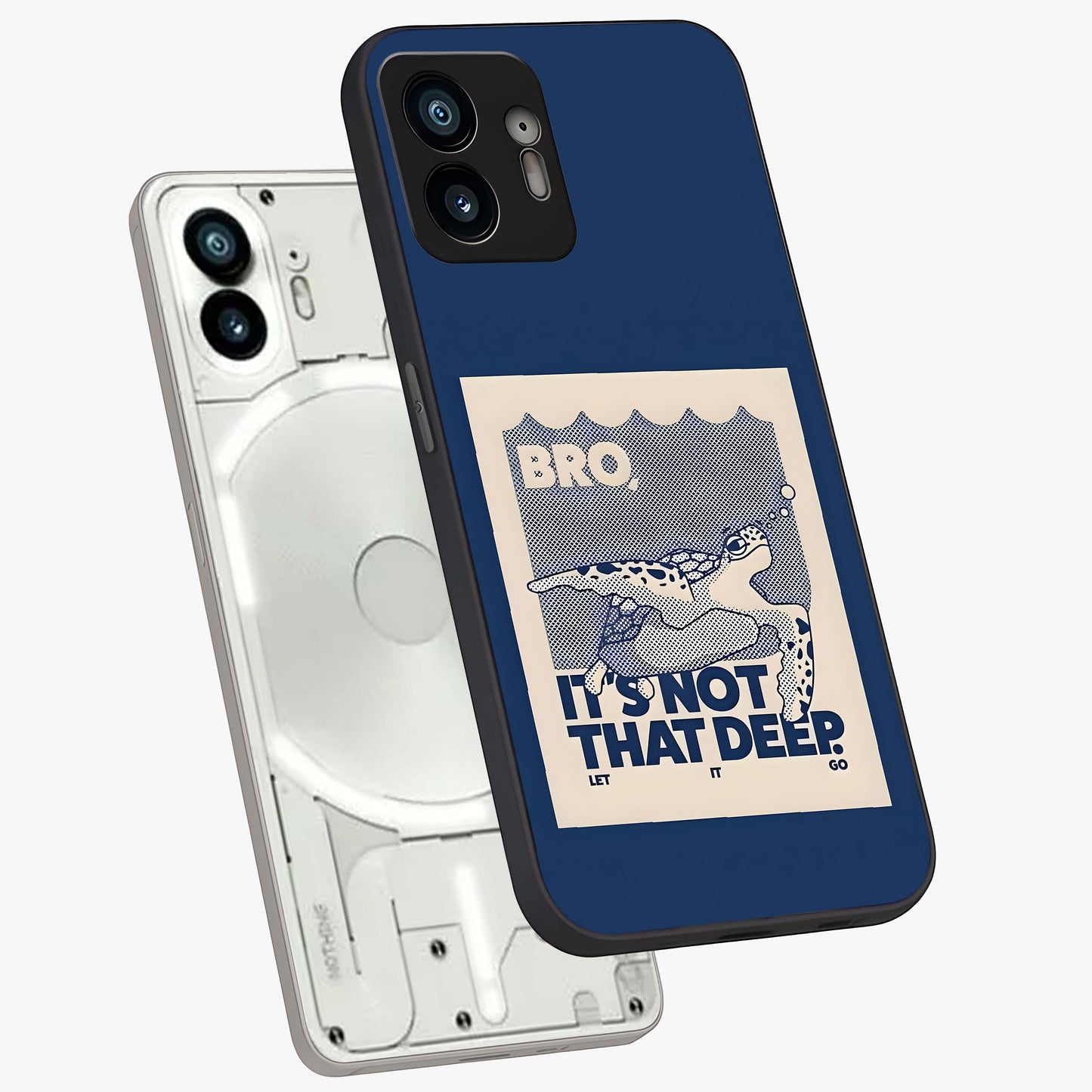 Worry Less Swim Glass Case displayed in angled mockup highlighting fun typography design with relaxed aesthetic style.
