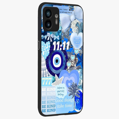 Aesthetic Be Kind Eye Glass Case upright view showcasing stylish eye illustration with positive message theme.