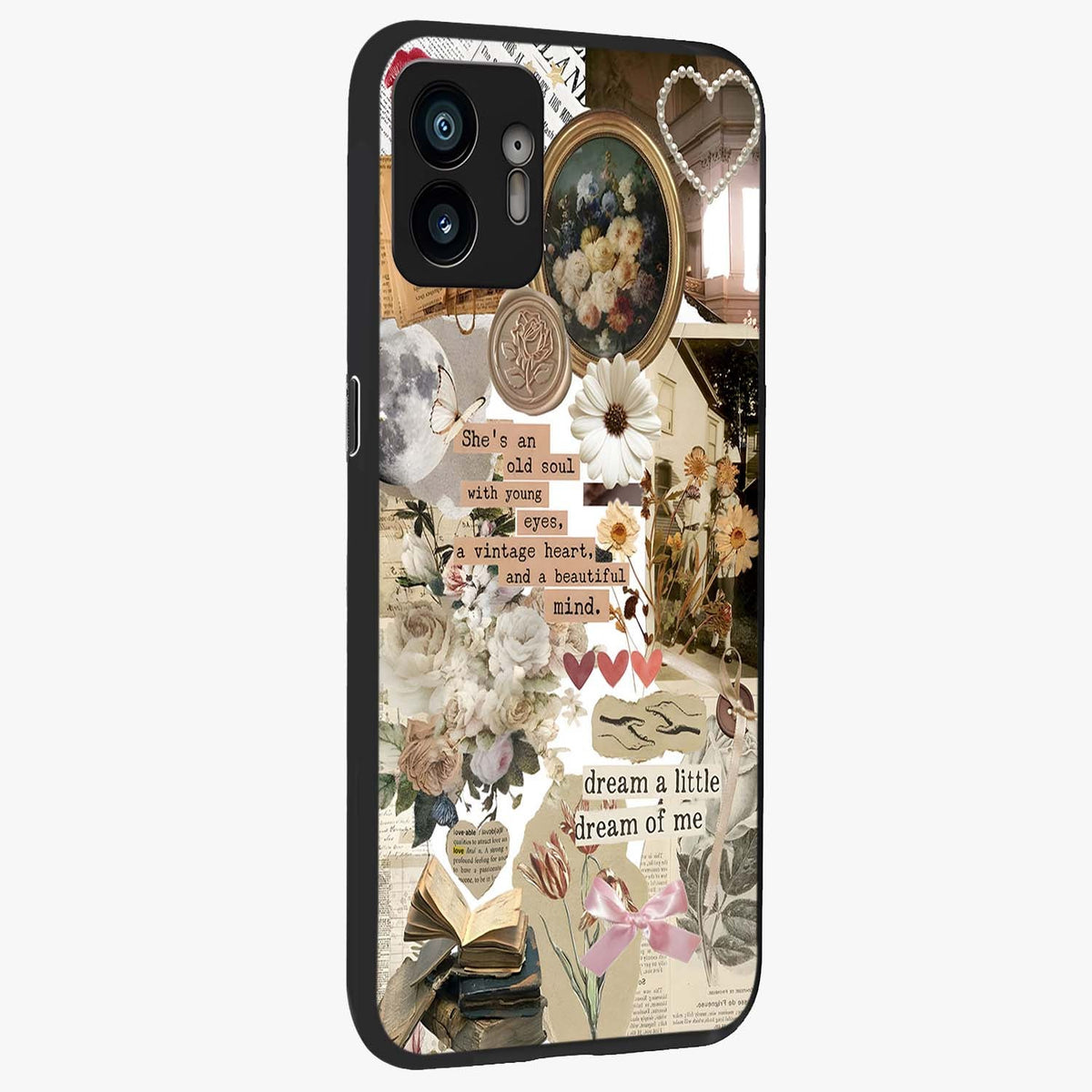 Aesthetic Brown Vintage Collage Glass Case upright view showcasing nostalgic retro artwork with stylish vintage theme.
