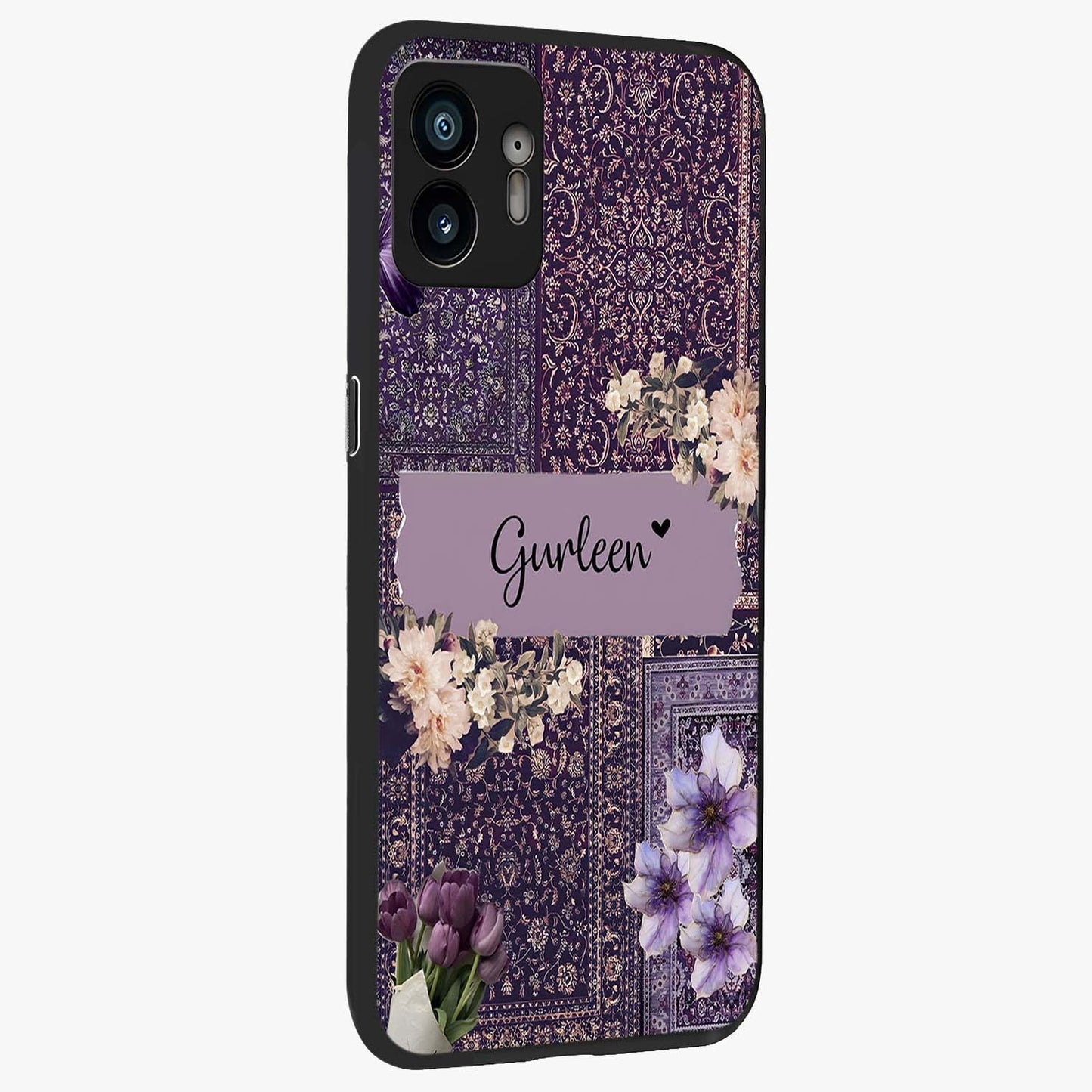 Antique Floral Whisper Custom Name Glass Case upright view showcasing delicate floral artwork with custom name feature.
