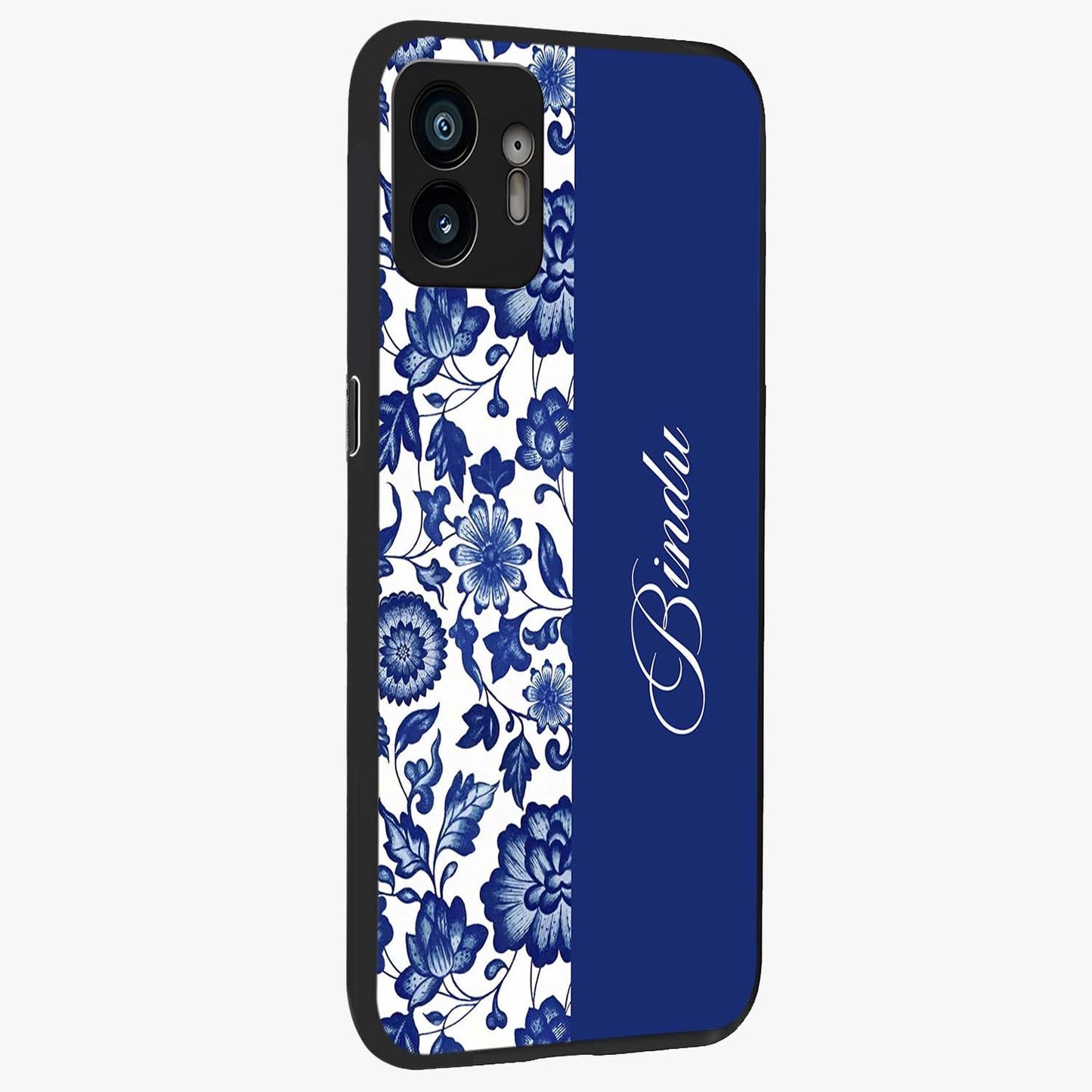 Blue Vintage Floral Pattern Glass Case upright view showcasing delicate blush floral texture with modern minimal style.