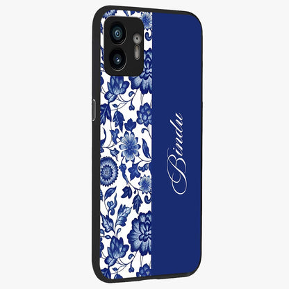 Blue Vintage Floral Pattern Glass Case upright view showcasing delicate blush floral texture with modern minimal style.