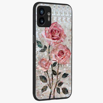 Blush Mosaic Bloom Glass Case upright view showcasing decorative floral mosaic artwork with stylish modern aesthetic.