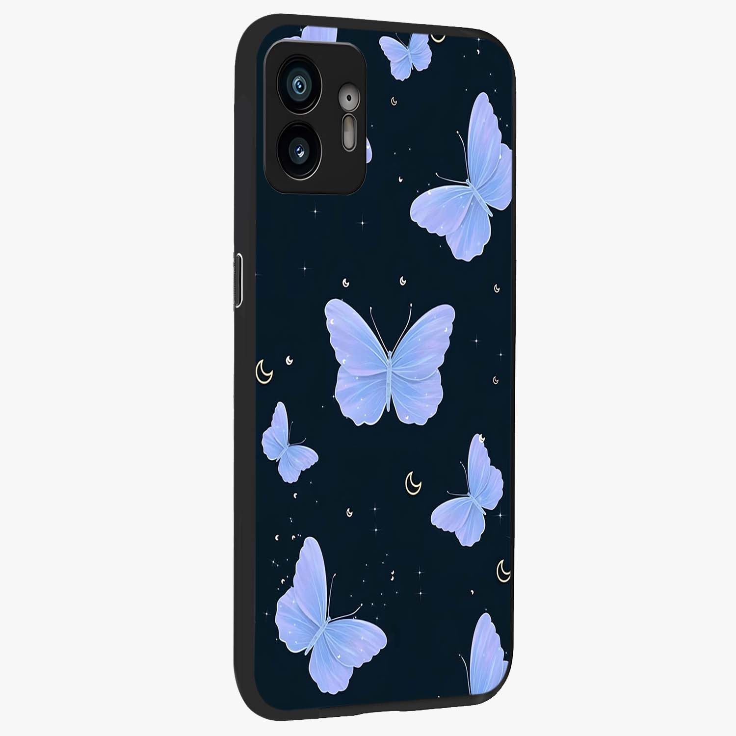 Butterfly With Stars Pattern Glass Case upright view showcasing celestial butterfly artwork with sparkling star elements.
