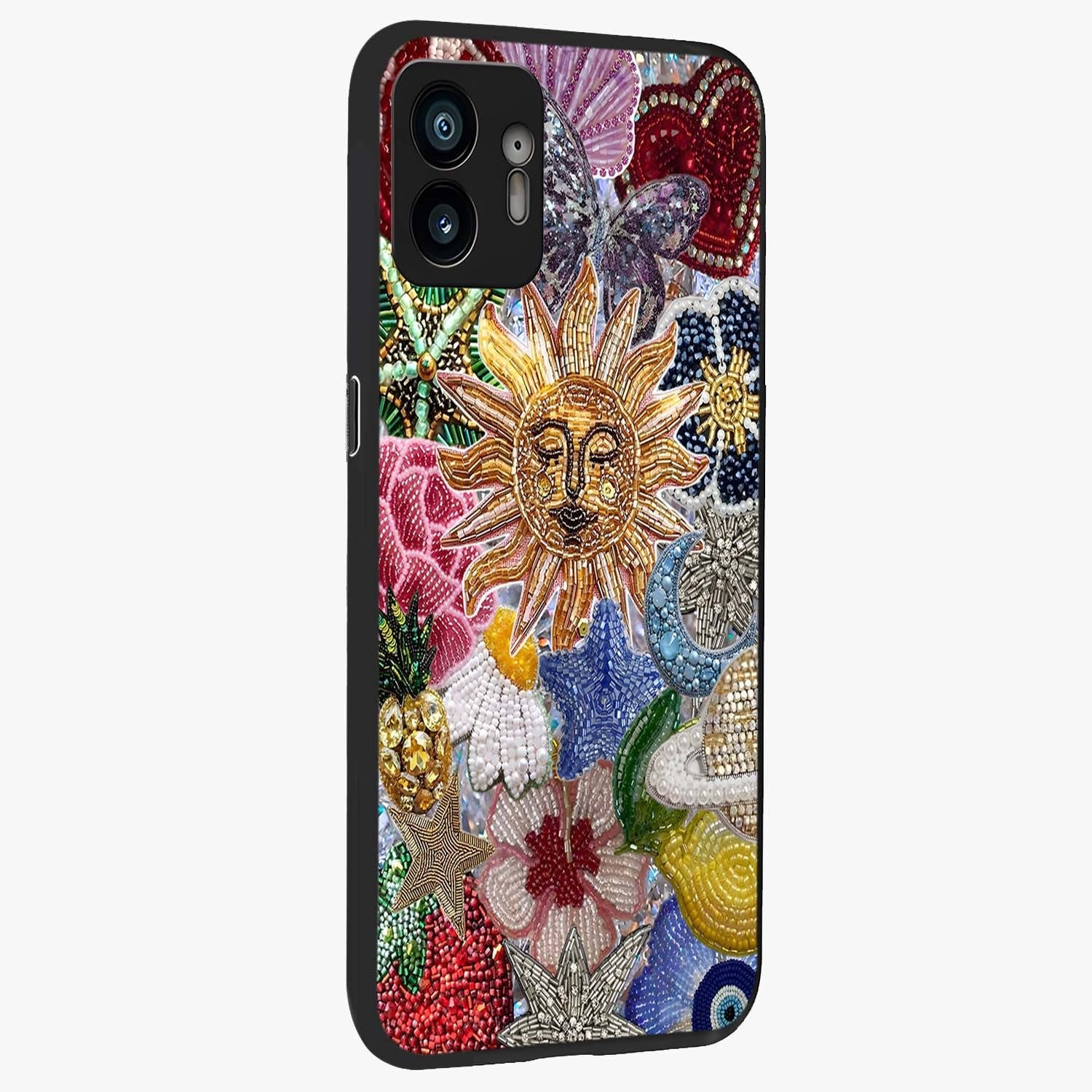 Celestial Floral and Playful Glass Case upright view showcasing whimsical floral artwork with cosmic aesthetic theme.