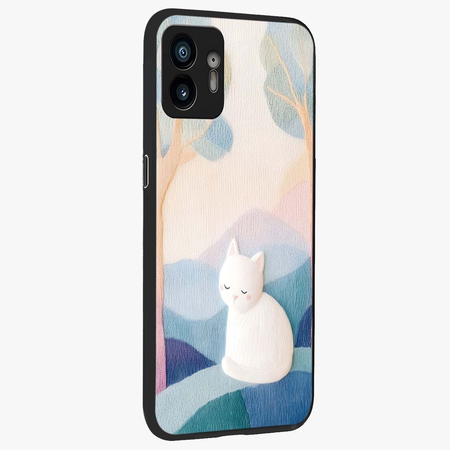 Cotton Dream Cat Glass Case upright view showcasing charming cat artwork with cozy dreamy theme.