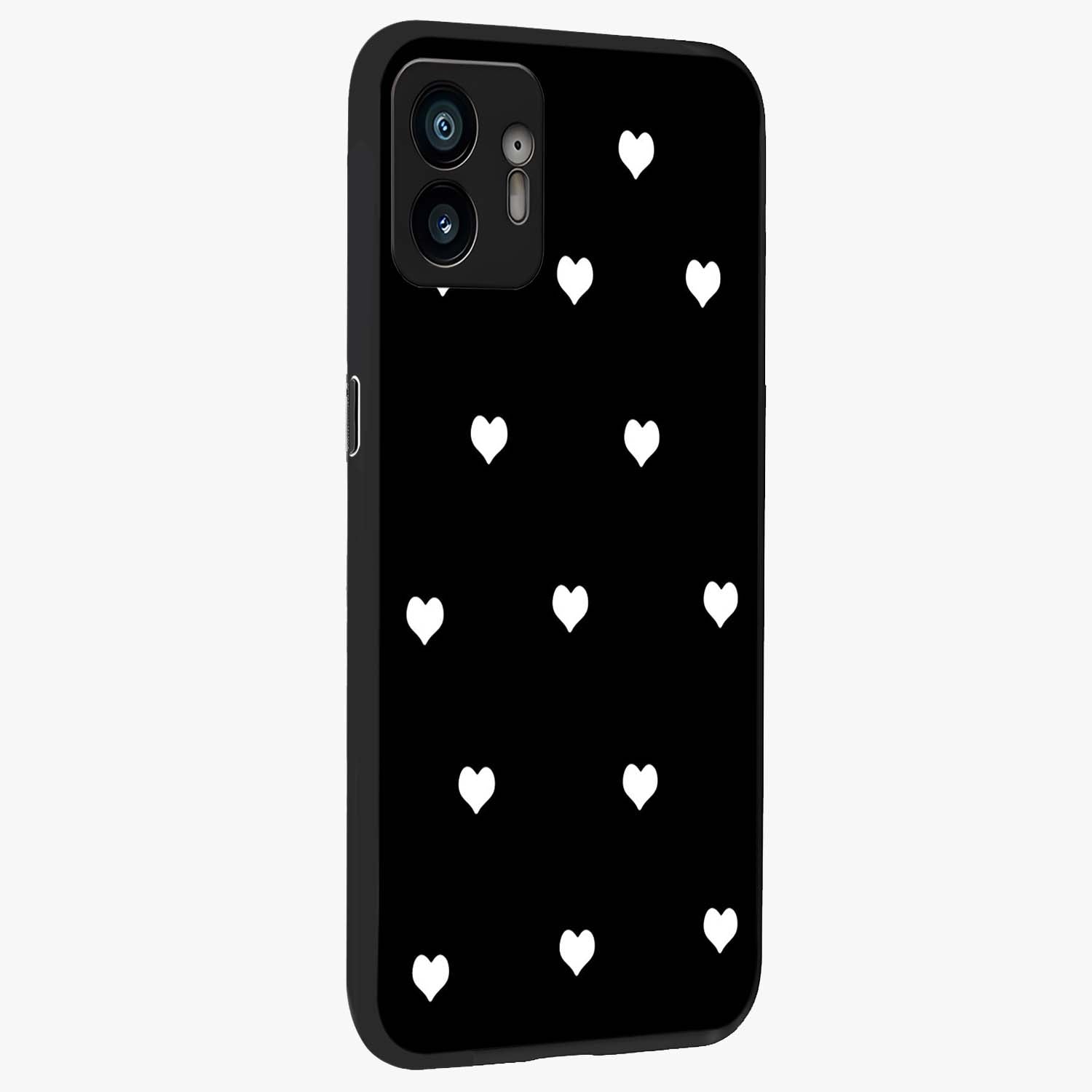Cute And Simple White Hearts Glass Case upright view showcasing simple white hearts artwork with soft minimal theme.