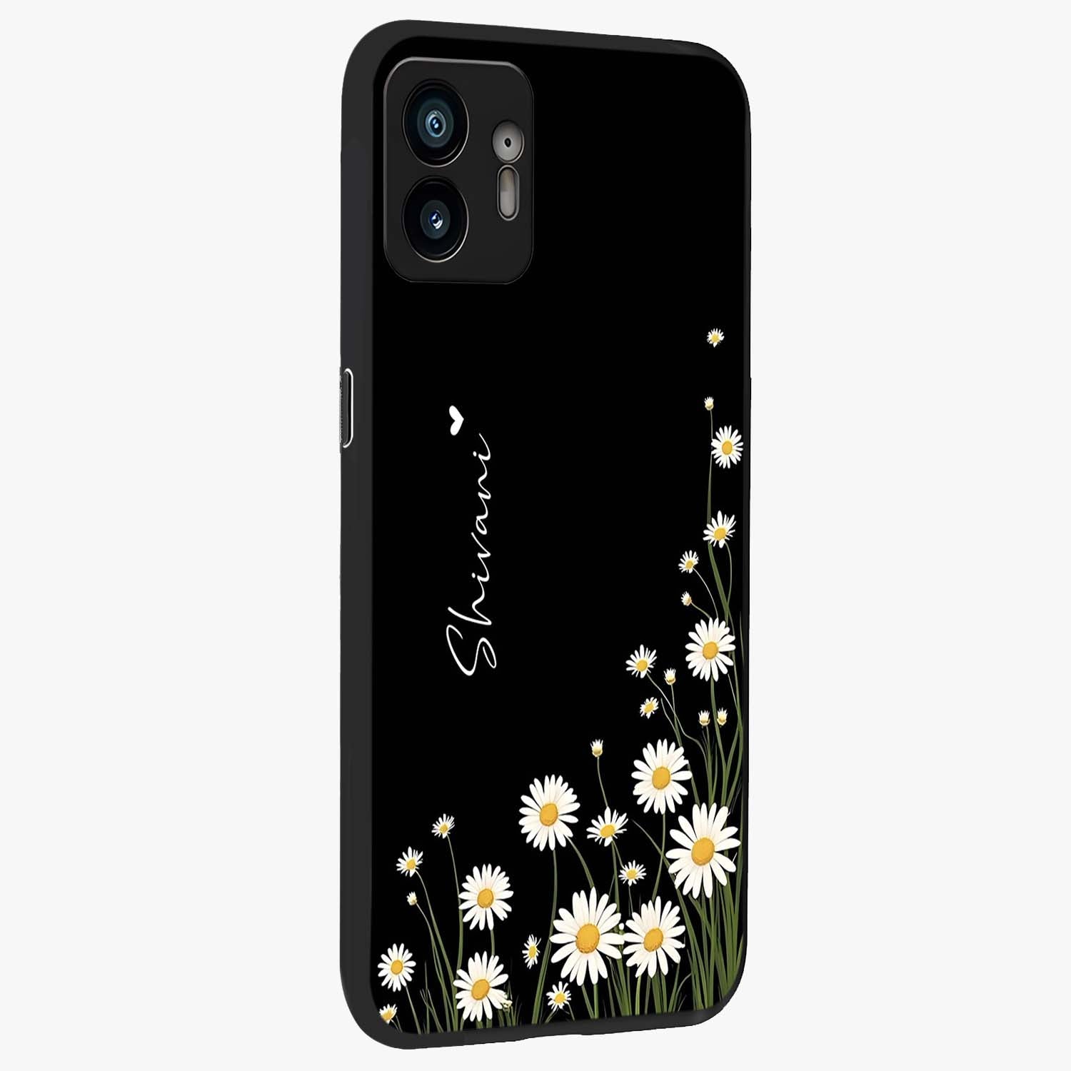 Daisy Cascade Custom Name Glass Case upright view showcasing elegant floral cascade design with personalized aesthetic.