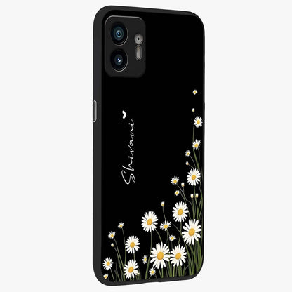 Daisy Cascade Custom Name Glass Case upright view showcasing elegant floral cascade design with personalized aesthetic.